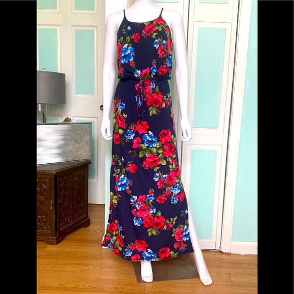 DNA couture Dresses & Skirts - Long Floral Navy Red Maxi Dress Side Slits New